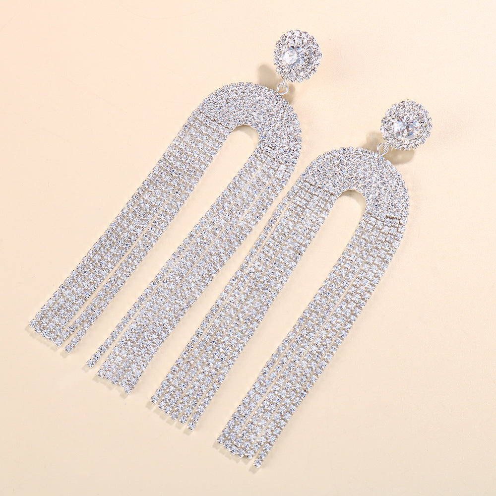 Stunning Bling Rhinestone Silver Long Chain Dangle Earrings