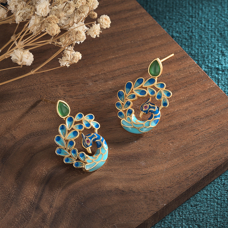 Green Jade Peacock Earrings for Women Ear Studs