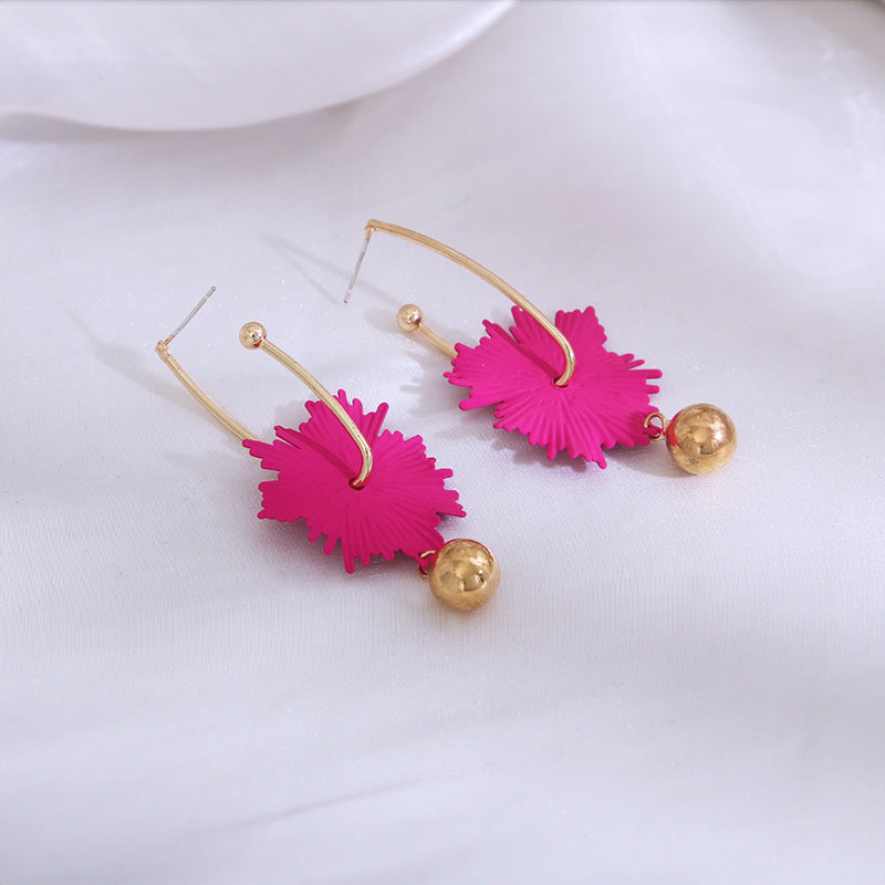 Irregular Hot Pink Flower Statement Ball Drop Earrings