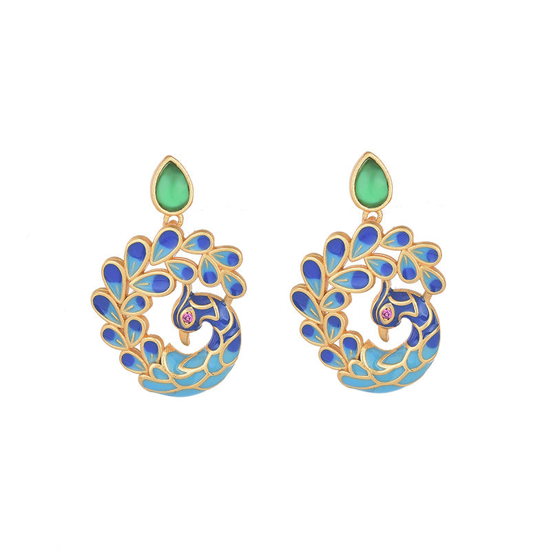 Green Jade Peacock Earrings for Women Ear Studs