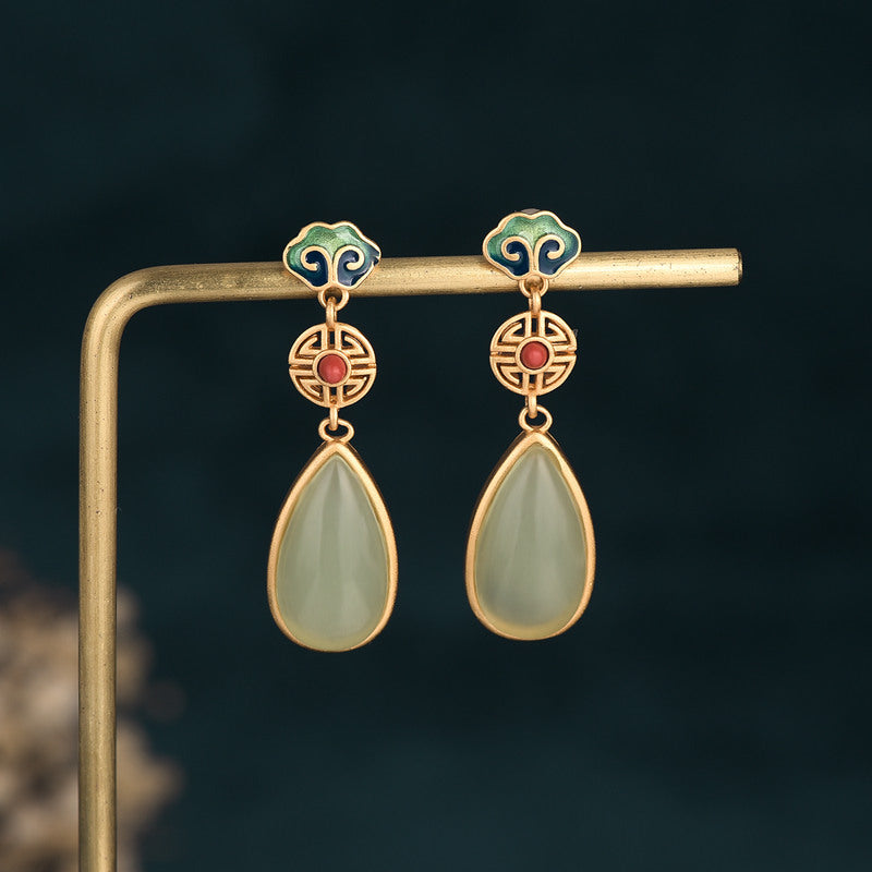 Chinese Style Gold-Tone Green Jade Retro Drop Earrings
