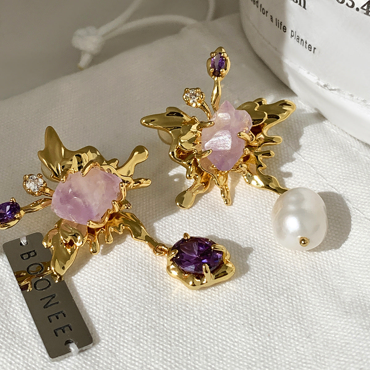 Women Unique Purple and Gold Baroque Asymmetric Butterfly Earring