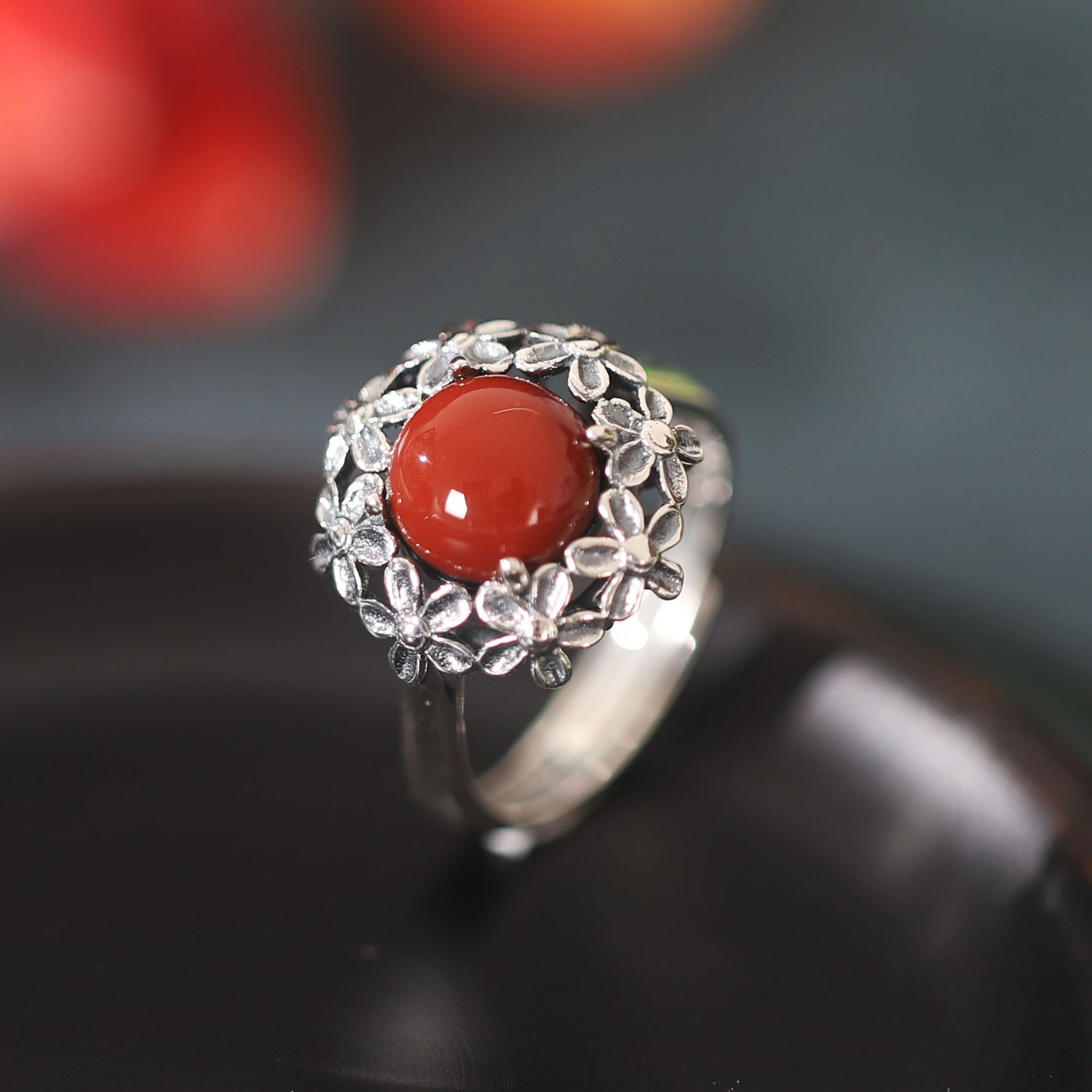 S925 Silver Floral Round Agate Opening Ring