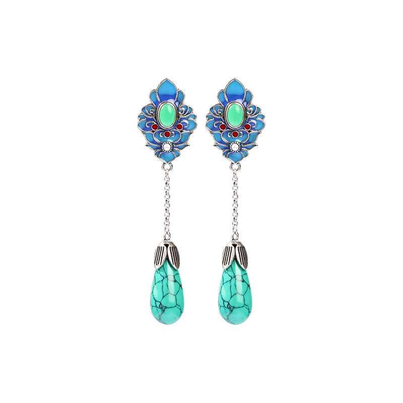 Designer Chinese Style Personalized Flower and Turquoise Drop Earring