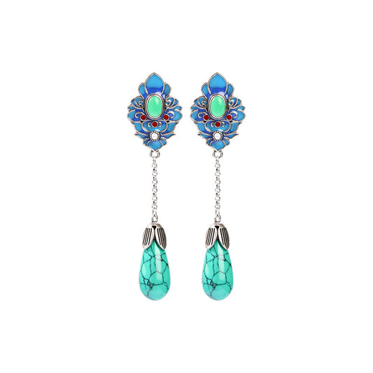 Designer Chinese Style Personalized Flower and Turquoise Drop Earring