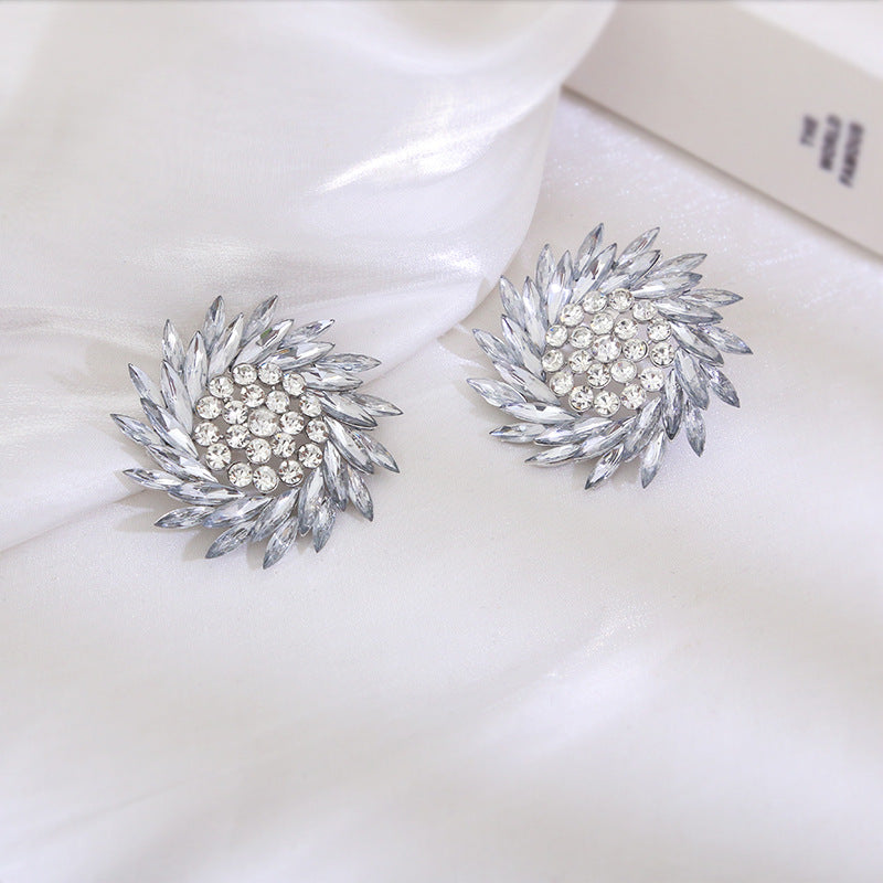 Designer Large White Rhinestone Sunflower Stud Earrings