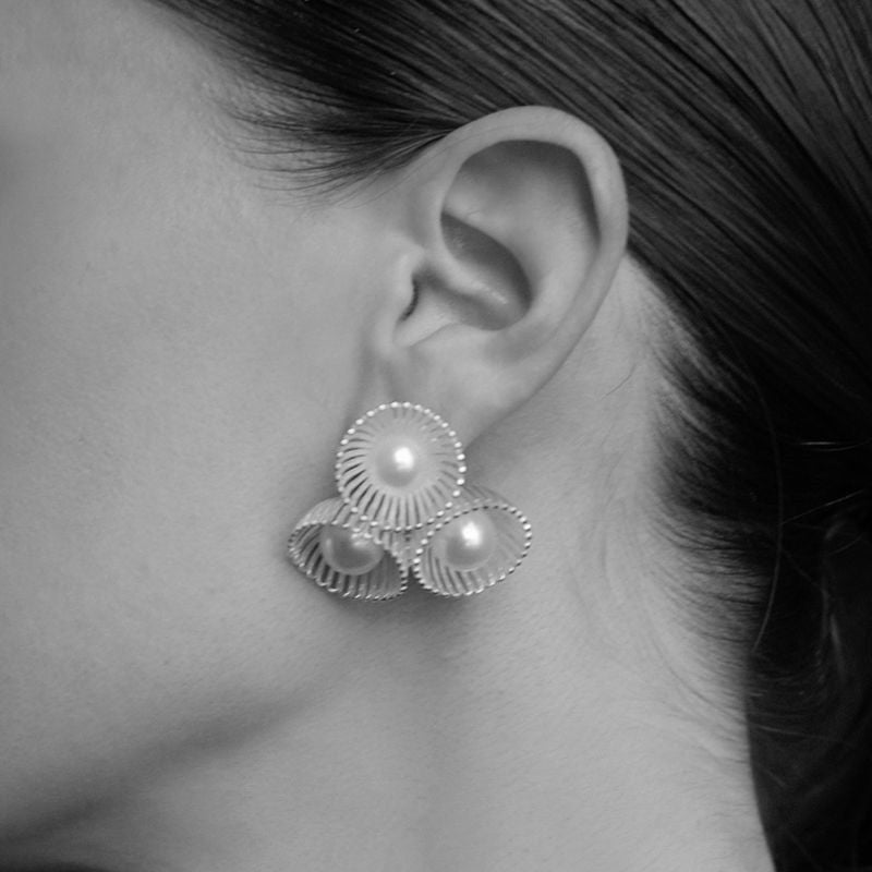 Exquisite Silver FLower and Pearl Stud Earring