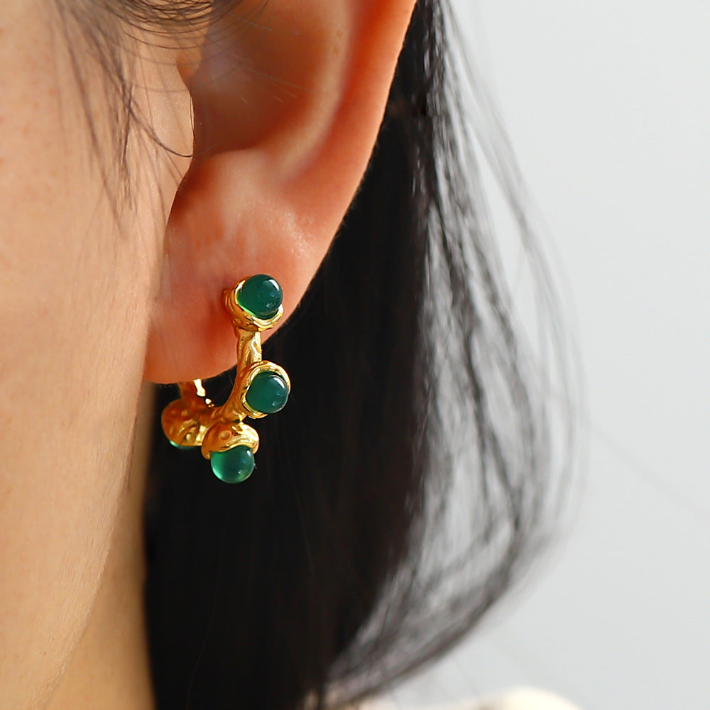 Vintage Gold Plated Onyx Gemstones Hoop Earring