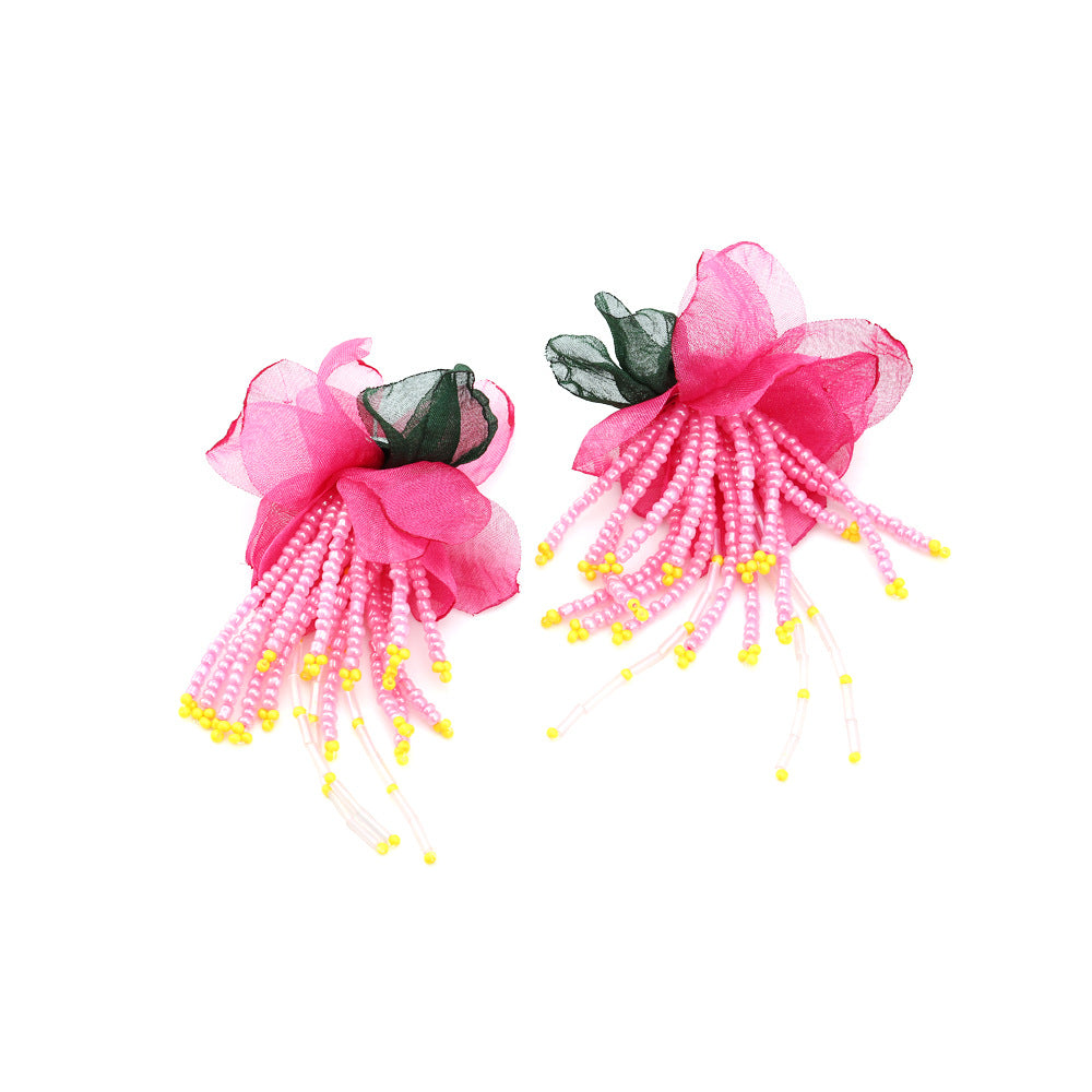 Sweet Statement Chiffon Floral Beaded Tassel Earring