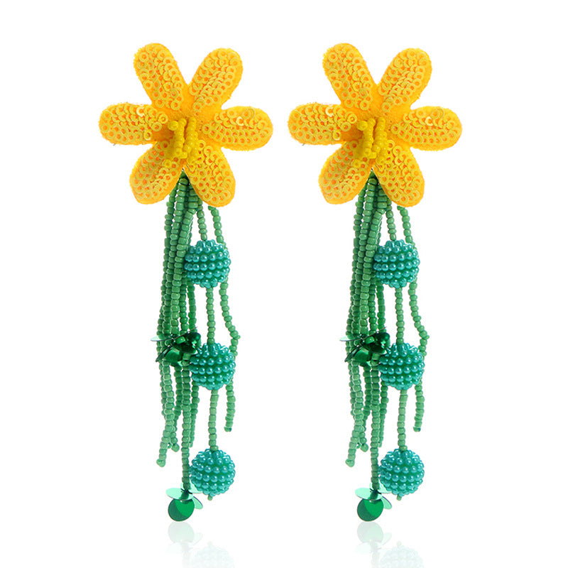 Cute Flower Long Beads Tassel Drop Earring