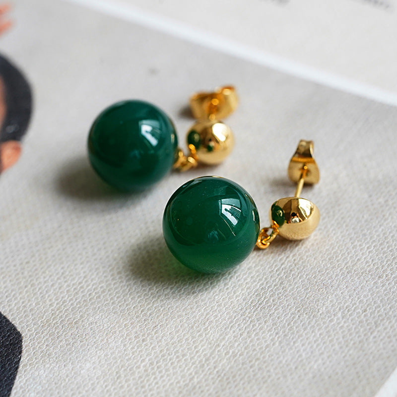 Vintage Green Round Stone Bead Drop Earring