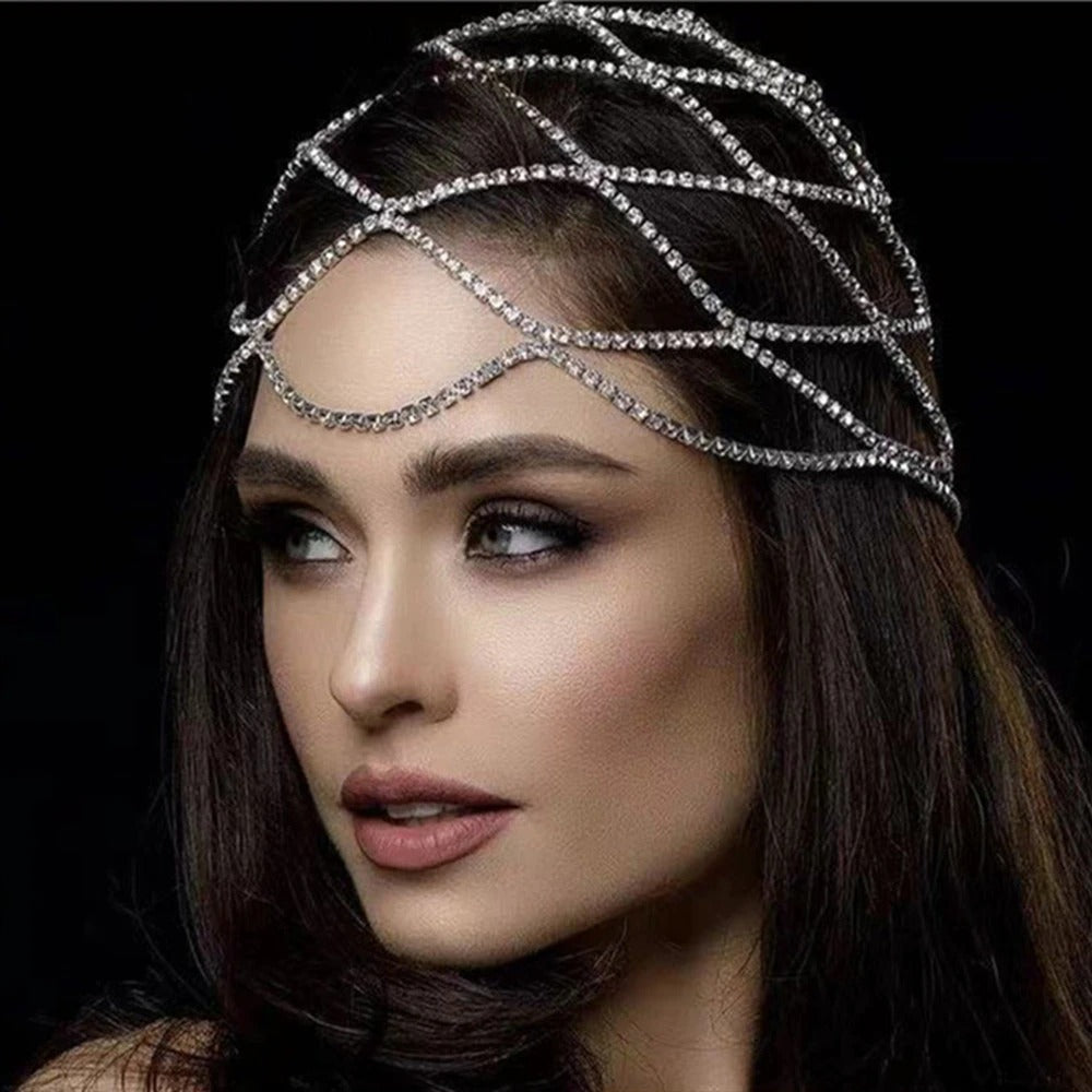 Chic Boutique Women's Mesh Round Rhinestone Head Chain Hairpiece