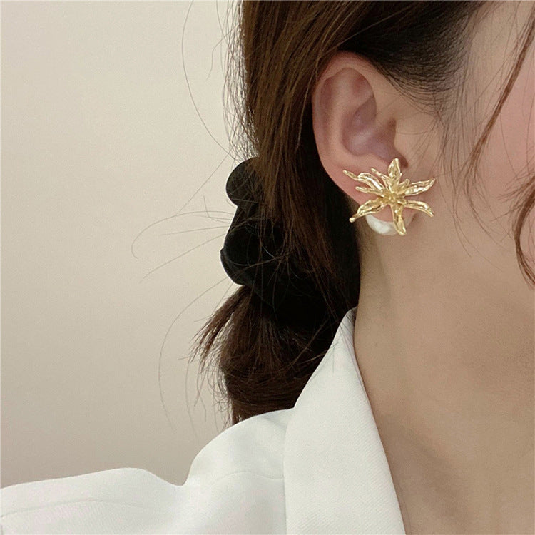 Fresh Gold Flower and Pearl Front and Back Earring