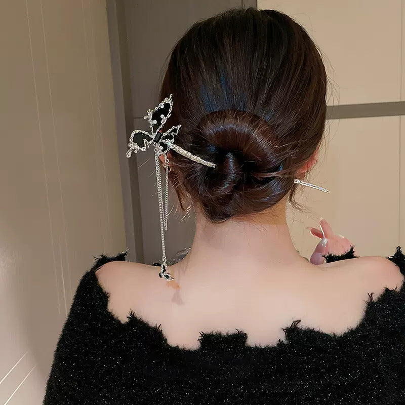 Unique Metal Black Butterfly Tassel Hair Stick