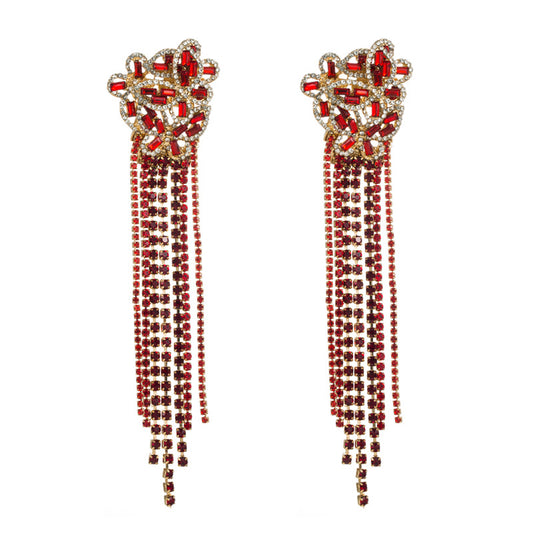 Long Chic Rhinestone Flower Tassel Drop Earring