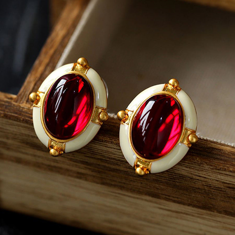 Vintage Oval Red Gem Stud Earring