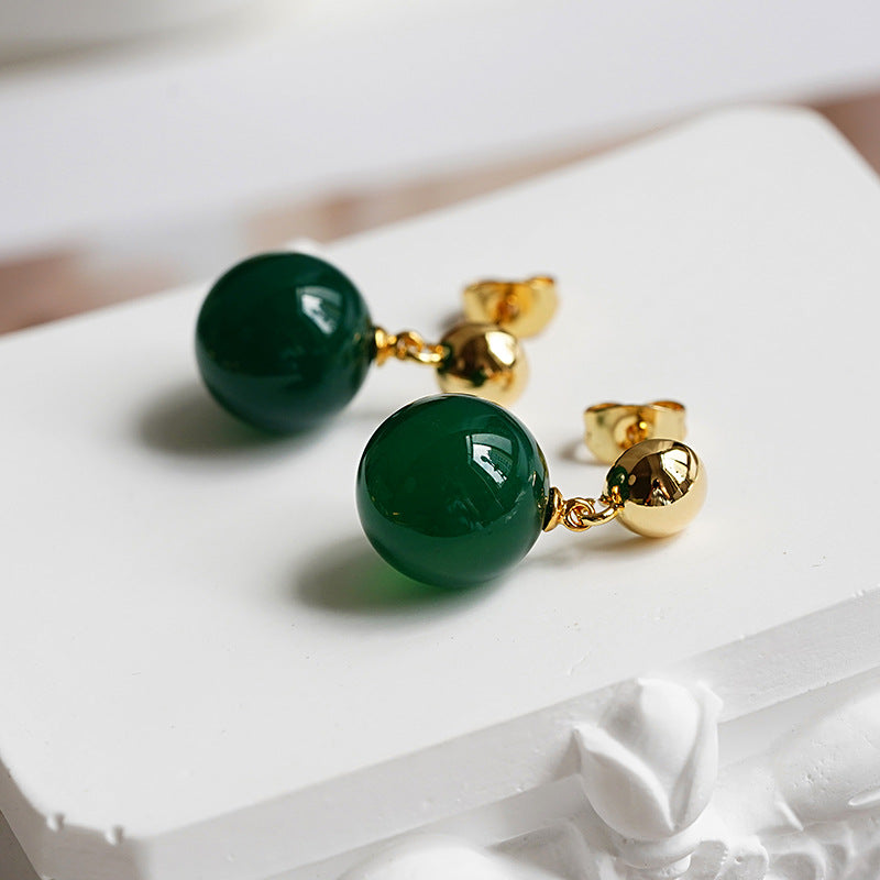 Vintage Green Round Stone Bead Drop Earring