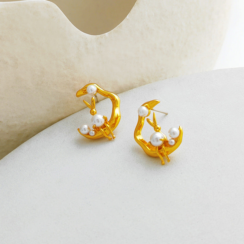 Cute Designer Rabbit in the Moon Pearl Stud Earring