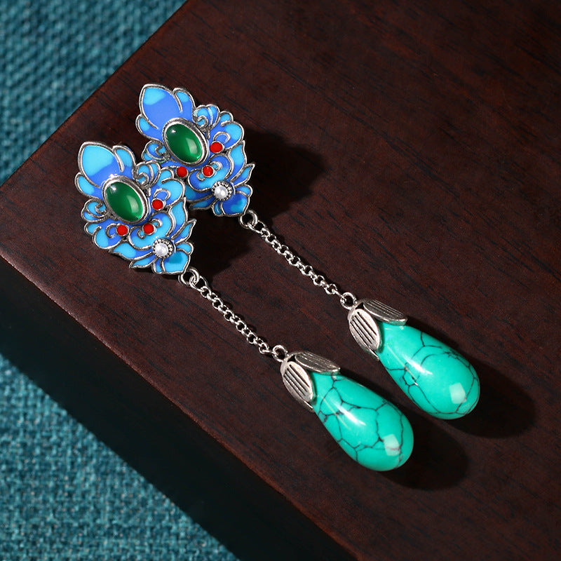 Designer Chinese Style Personalized Flower and Turquoise Drop Earring