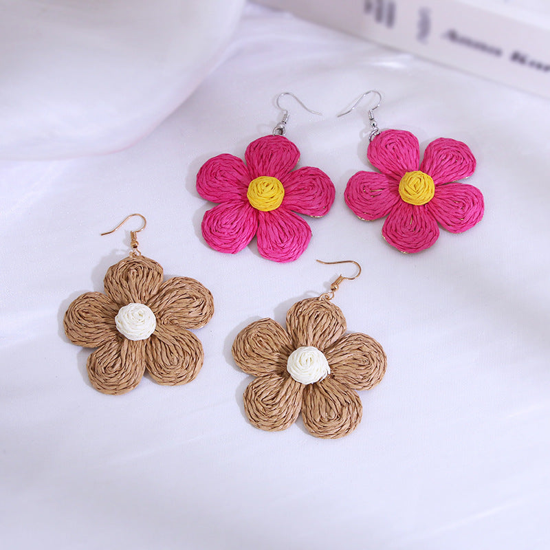 Raffia Flower Earrings Drop Dangle Handmade Women Party Jewelry Gifts