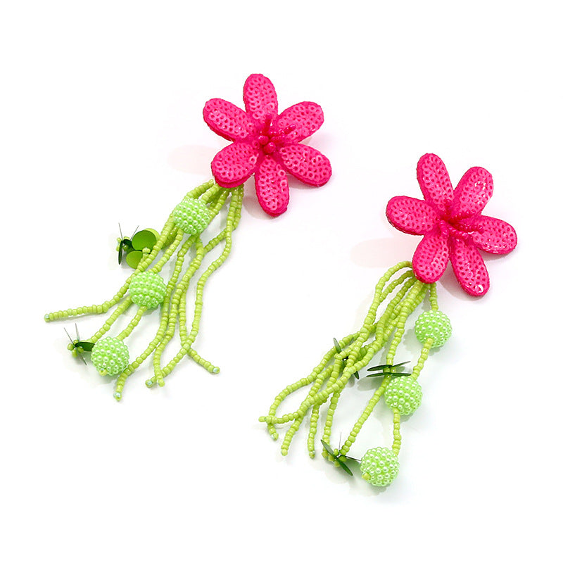 Cute Flower Long Beads Tassel Drop Earring