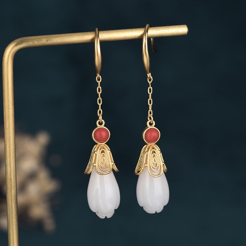 Elegant Floral Gold Plated and White Jade Drop Earring