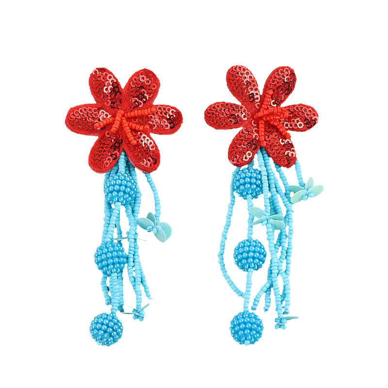 Cute Flower Long Beads Tassel Drop Earring