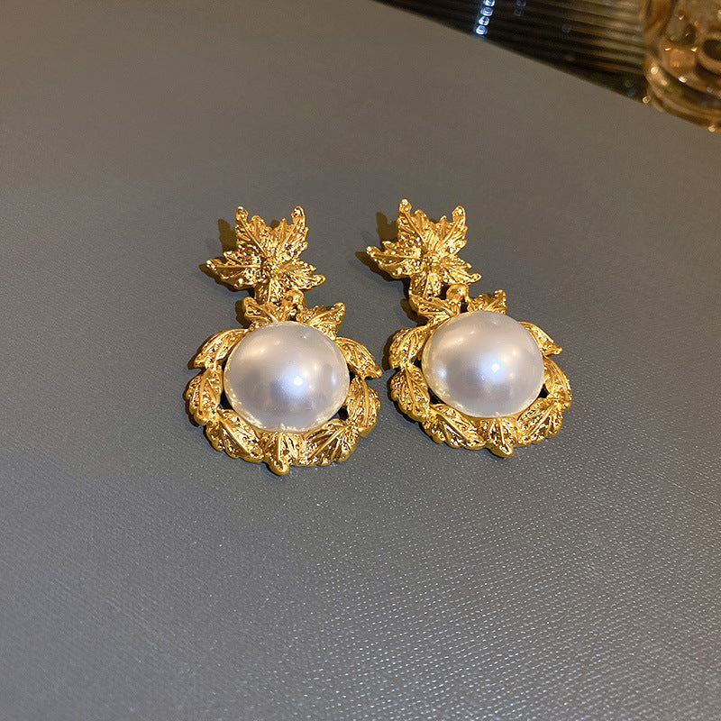 Vintage Gold Leaf and Pearl Copper Earring