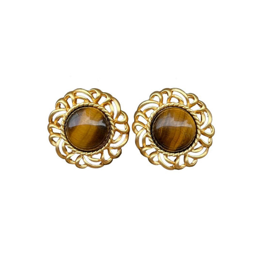 Vintage Fancy Tiger Eye Gold Plated Stud Earring