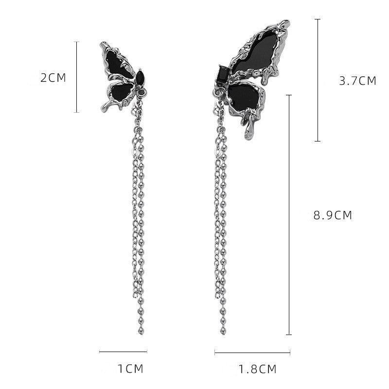 Designer Asymmetric Black Butterfly Tassel Stud Earring