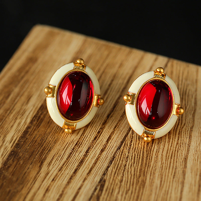 Vintage Oval Red Gem Stud Earring