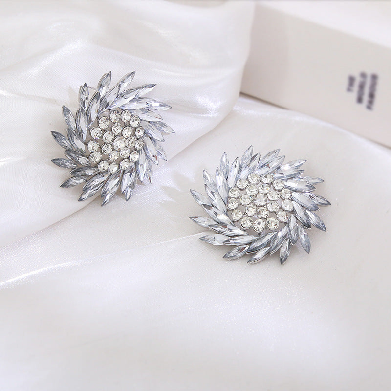 Designer Large White Rhinestone Sunflower Stud Earrings