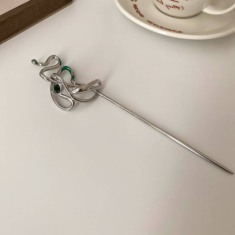 Slytherin Designer Silver Snake with Green Crystal Hairpin