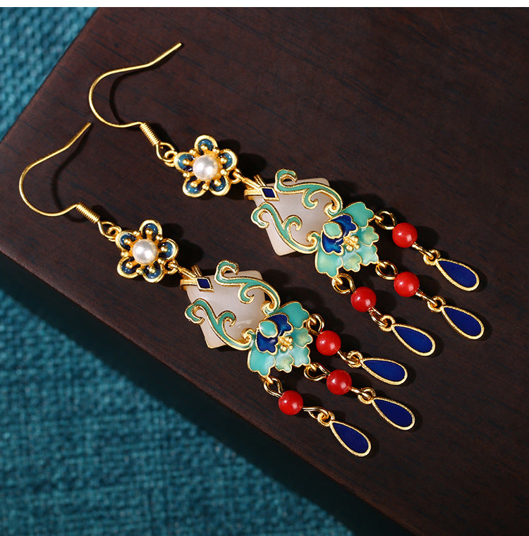 Ethnic Style Fancy Floral Pearl and Jade Tassels Chandelier Earring