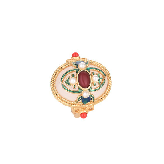 Palace Design Vintage Style Elegant Ancient Gold Enamel Color Cloisonne Multi-Treasure Ring for Women