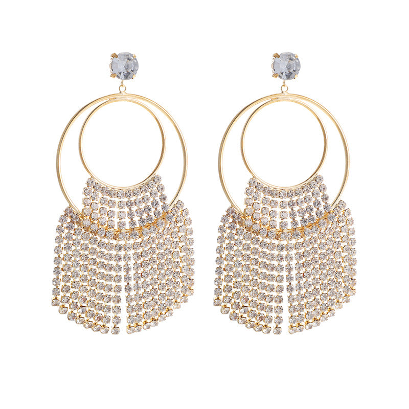 Trendy Alloy Long Tassel Double Hoop Crystal Earring