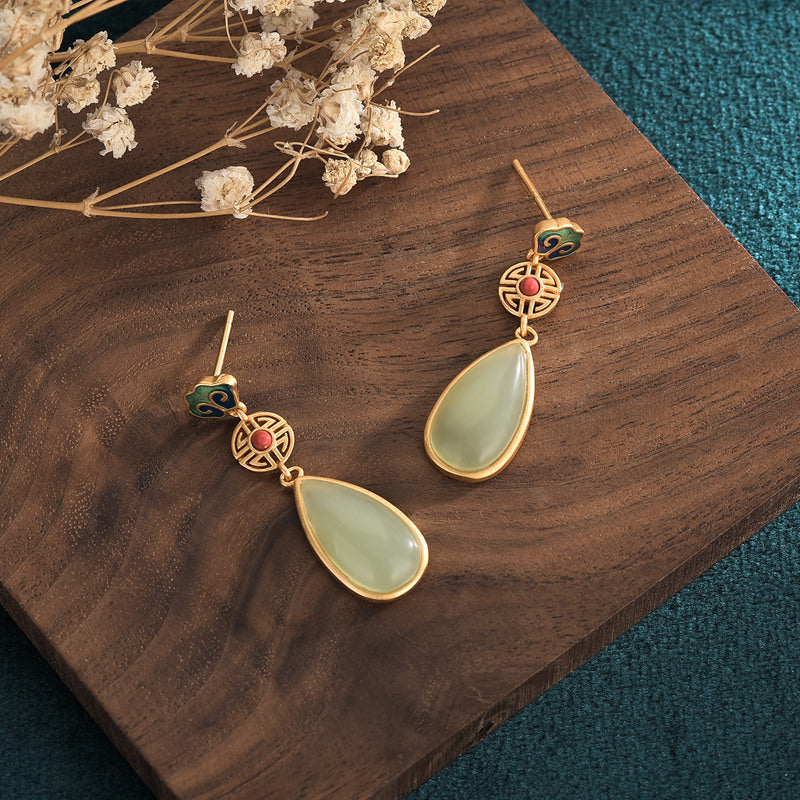 Chinese Style Gold-Tone Green Jade Retro Drop Earrings