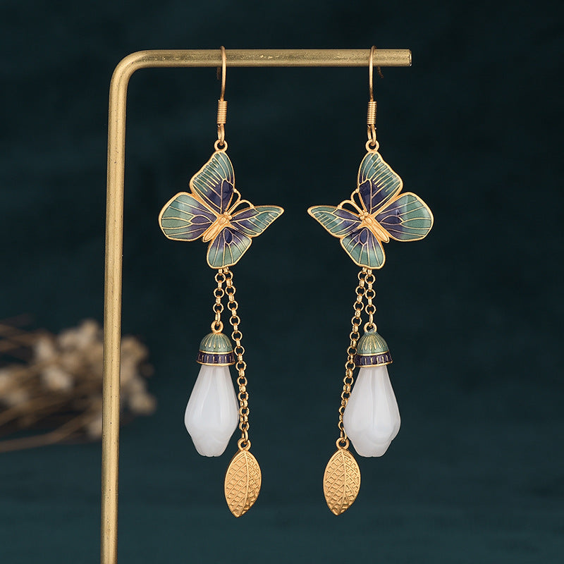 Chinese Style Flower and Butterfly Synthetic Jadeite Tassel Drop Earring