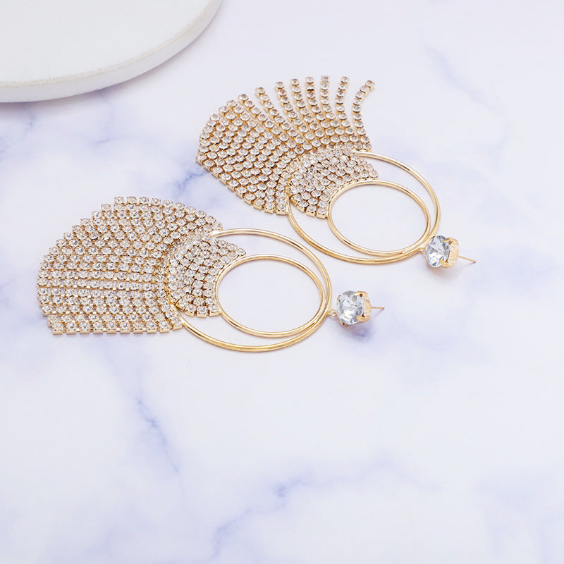 Trendy Alloy Long Tassel Double Hoop Crystal Earring