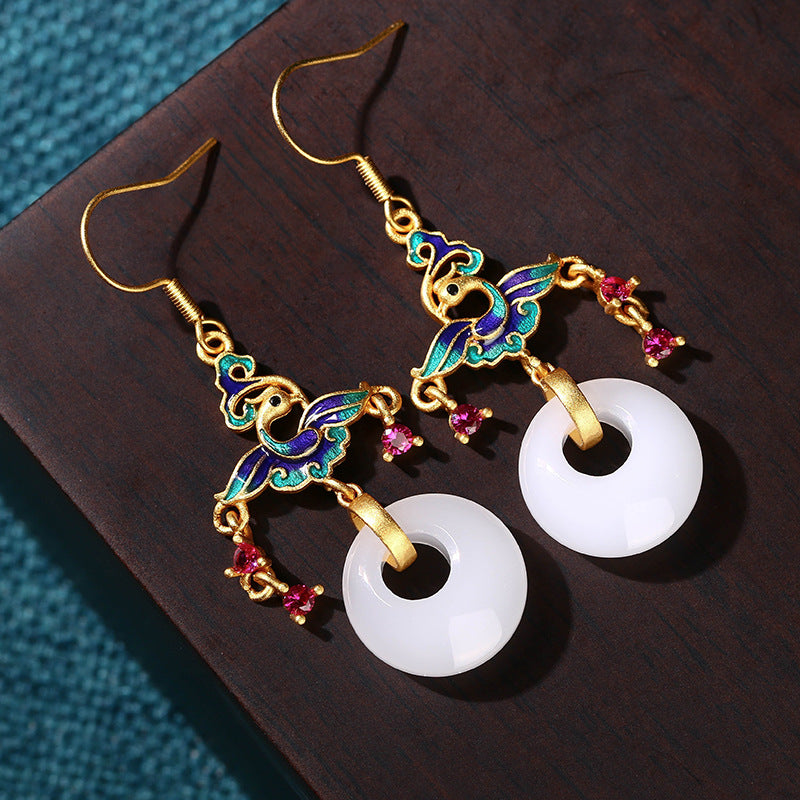 Chinese Vinatge Birds and Round Jade Earring