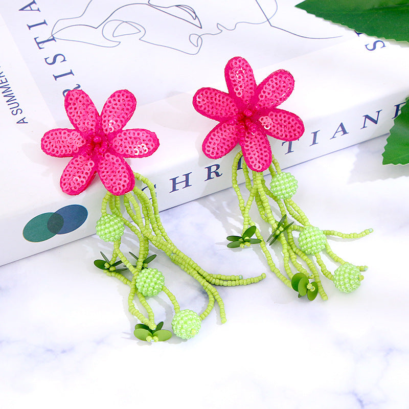 Cute Flower Long Beads Tassel Drop Earring