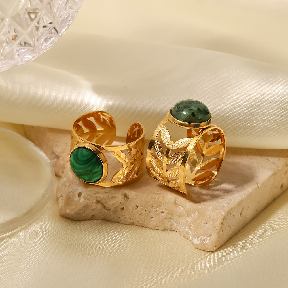 18K Yellow Gold-plated Designer Kallaite Olive Leaf Opening Ring