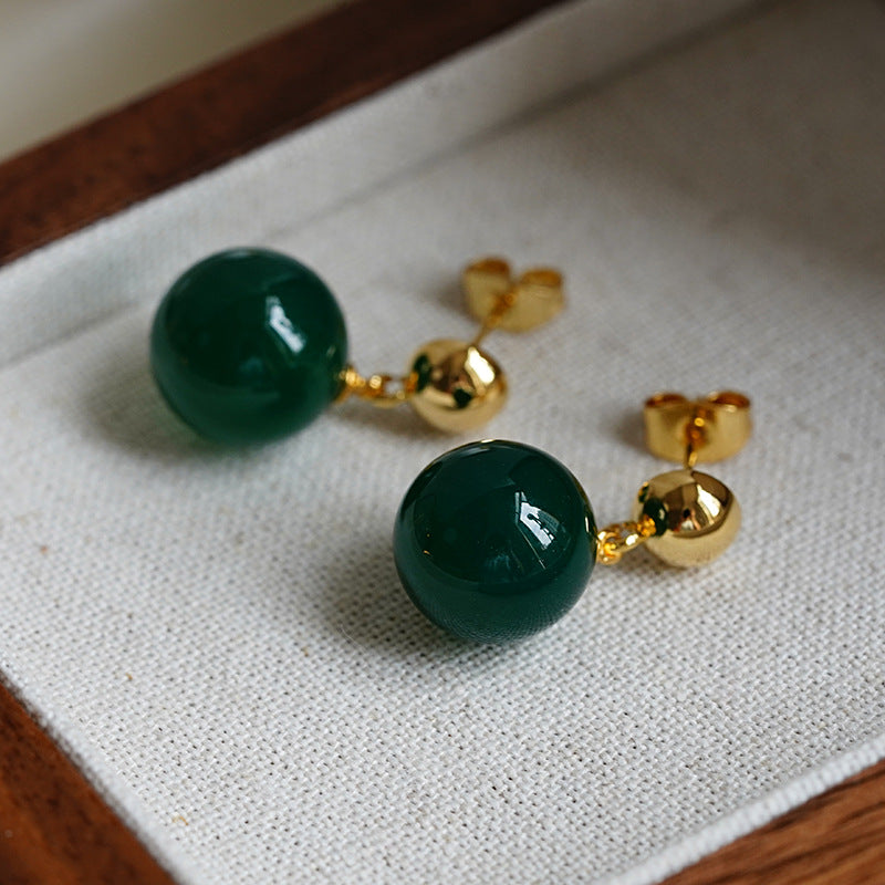 Vintage Green Round Stone Bead Drop Earring