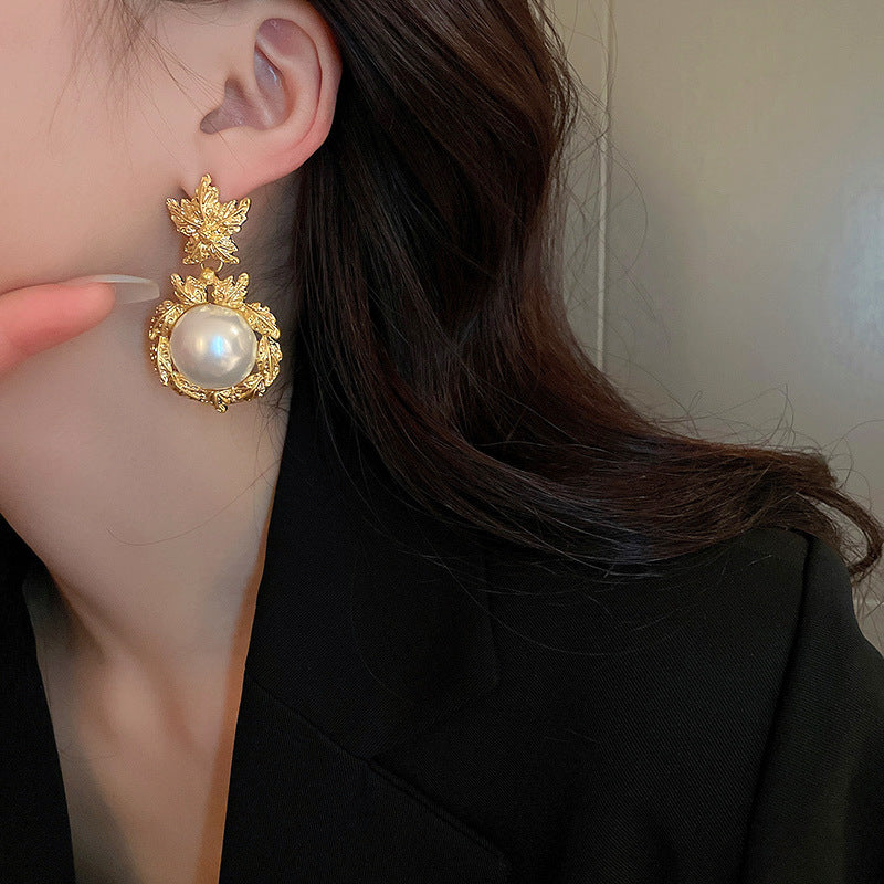 Vintage Gold Leaf and Pearl Copper Earring