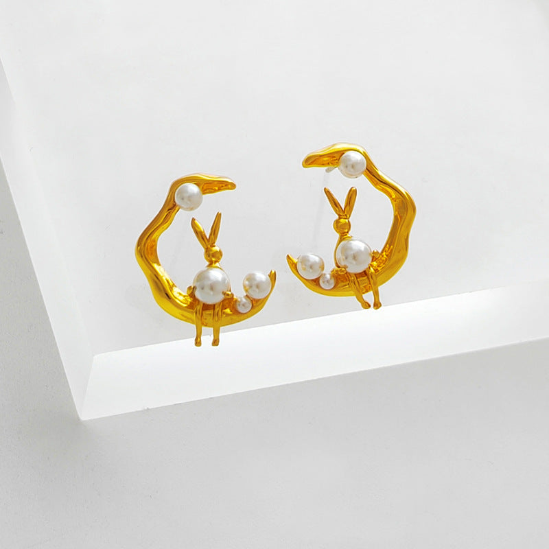 Cute Designer Rabbit in the Moon Pearl Stud Earring