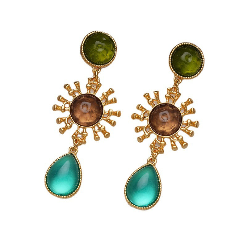 Vintage Handmade Sunflower Gemstone Drop Earring