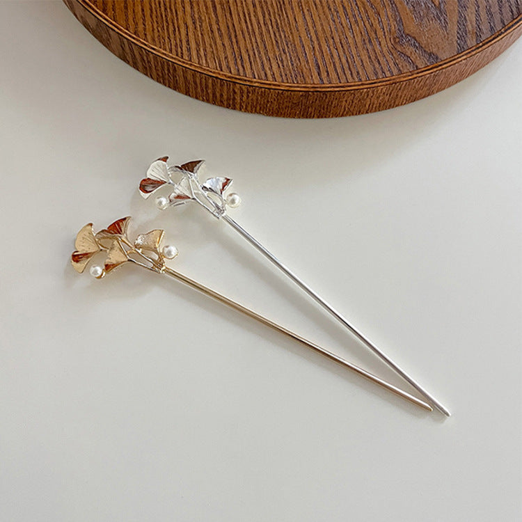 Vintage Ginkgo Leaf Pearls Metal Hair Stick