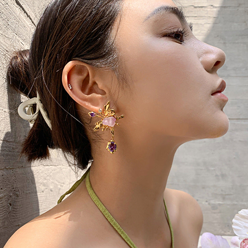 Women Unique Purple and Gold Baroque Asymmetric Butterfly Earring