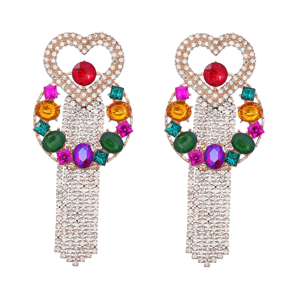 Fashion Chic Heart and Round Rhinestone Tassel Earring