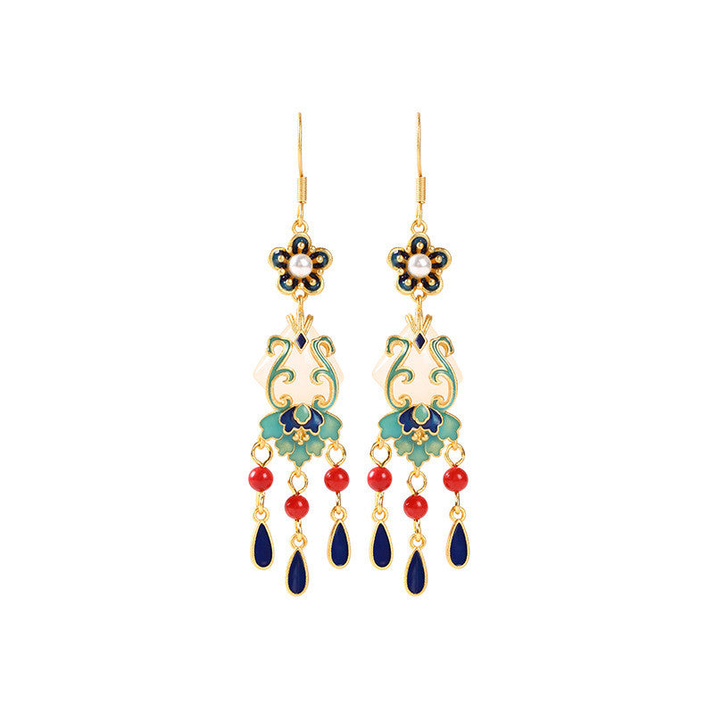 Ethnic Style Fancy Floral Pearl and Jade Tassels Chandelier Earring